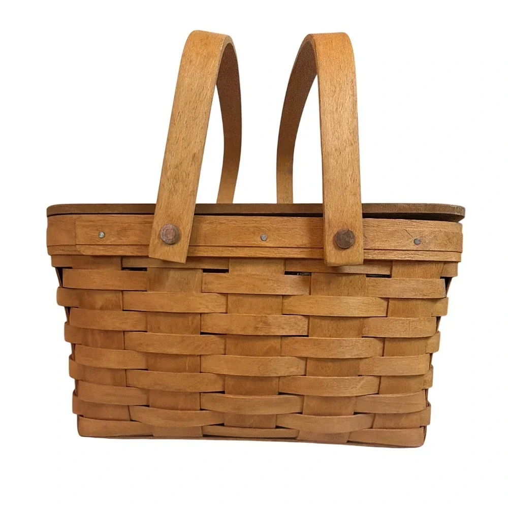 Longaberger 1994 Picnic Basket with Lid and Double Handles Woven Wood Vintage